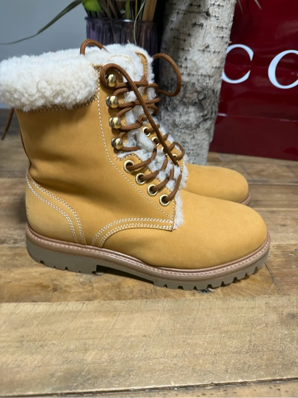 Celine Tan Shearling-Trim Lace-Up Winter Boots